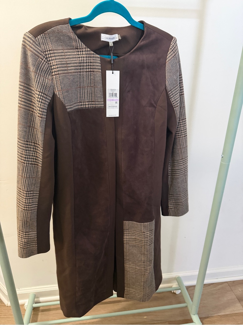 Calvin Klein Brown Plaid Panel Trench Coat